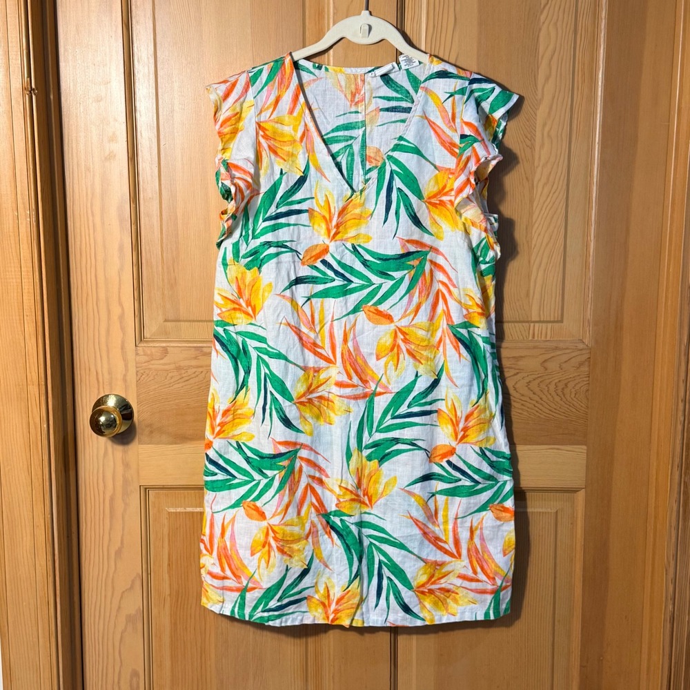 Nicole Miller Linen Tropical Floral Shift Dress S White Yellow Flutter Sleeve - Picture 3 of 15